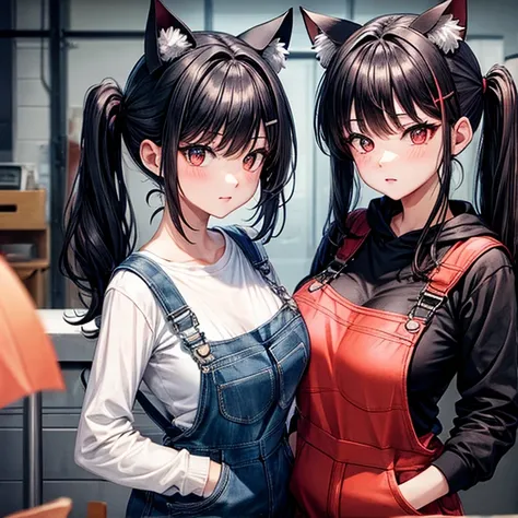 Overalls　　Huge breasts　　cat ears　Red Eye　Black Hair　Twin tails　Shortcuts　Cat ear hoodie　Sisters　