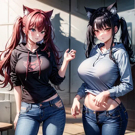 (((Jeans showing vagina)))　　Huge breasts　　cat ears　Red Eye　Black Hair　Twin tails　Shortcuts　Cat ear hoodie　Sisters　