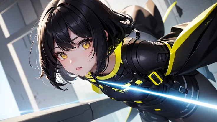 from future intelligence、background technology、complex mission, unexpected idea, result sudden, confident look、space black pioneer dress、yellow eyes、black hair