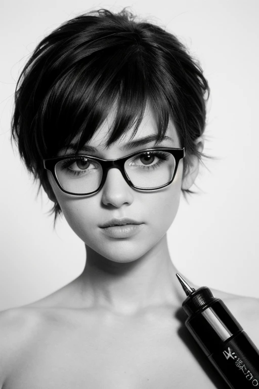 Create a 2D sketch portrait of a cute young woman in glasses with a unique, three-dimensional effect, as if the drawing is coming out of the paper. Use an H pencil on low grain white paper for an uncolored pencil line draft. Apply hand-drawn art techniques...