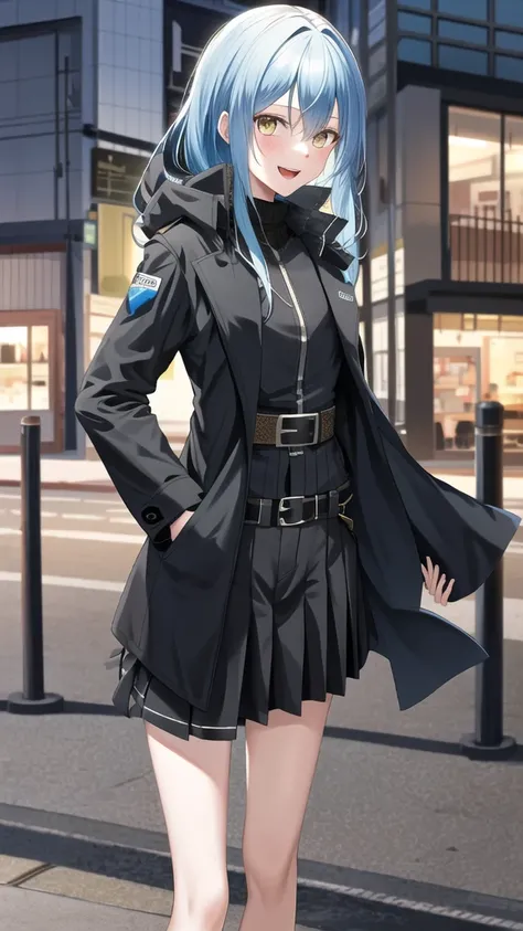 masterpiece, best quality, highres, rimuru tempest, blue hair, long hair, medium breasts, black jacket, modern crop top, v neck shirt, black long jacket, black long coat cleveage, show stomach, belt, pleated skirt, cowboy shot, standing, looking at viewer,...