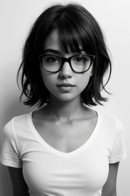 Create a 2D sketch portrait of a cute young woman in glasses with a unique, three-dimensional effect, as if the drawing is coming out of the paper. Use an H pencil on low grain white paper for an uncolored pencil line draft. Apply hand-drawn art techniques...