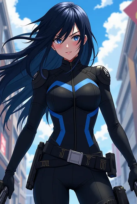 20 years old girl long black hair with a navy blue stripe black full body combat suit with hood black fingerless gloves 2 weapons on belt living in My hero academia 