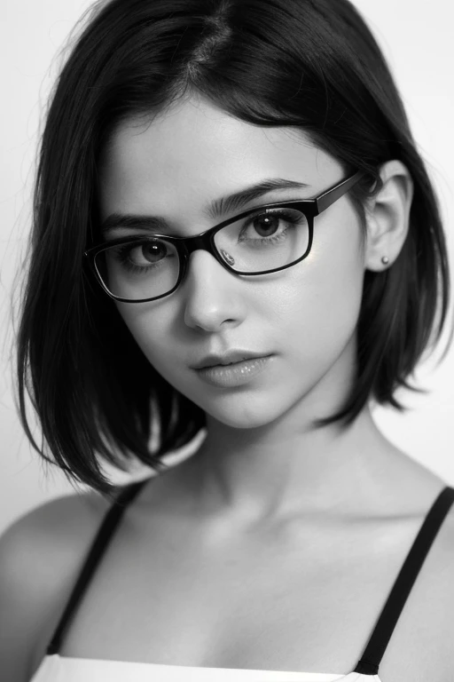 Create a 2D sketch portrait of a cute young woman in glasses with a unique, three-dimensional effect, as if the drawing is coming out of the paper. Use an H pencil on low grain white paper for an uncolored pencil line draft. Apply hand-drawn art techniques...