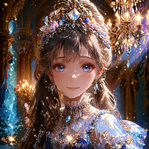 Dramatic composition, Royal dress, Royal, Nice, Cascade frills, frills, bow, Crystal Chandelier, Swirl Hairstyles, Put, Drill-like double ponytail, Looking at the camera, bangs, Maximalism, Palace-like background, Delicate depiction of hair and eyes, Princ...