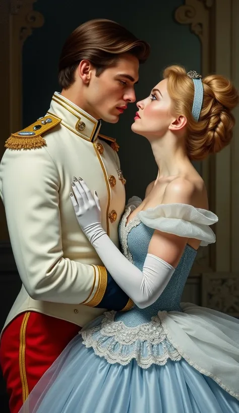 masterpiece artwork in Style of John William Waterhouse. A close-up portrait of Prince charming and Cinderella. Prince Charming is a beautiful man. He has a structural and muscular body, no curves, with broad shoulders. His face is oval, with a straight no...