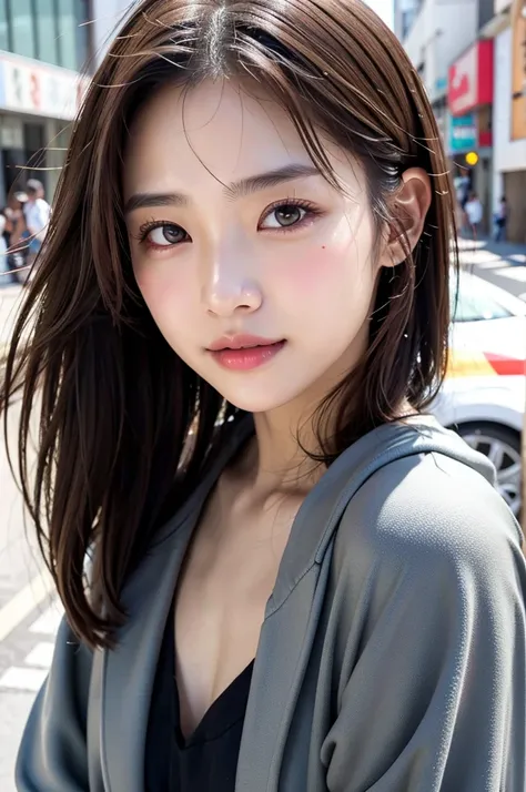 with the backdrop of tokyo alleys、18-year-old girl、independent、look forward to、light eye makeup、brown hair color、flat 、hair blow...