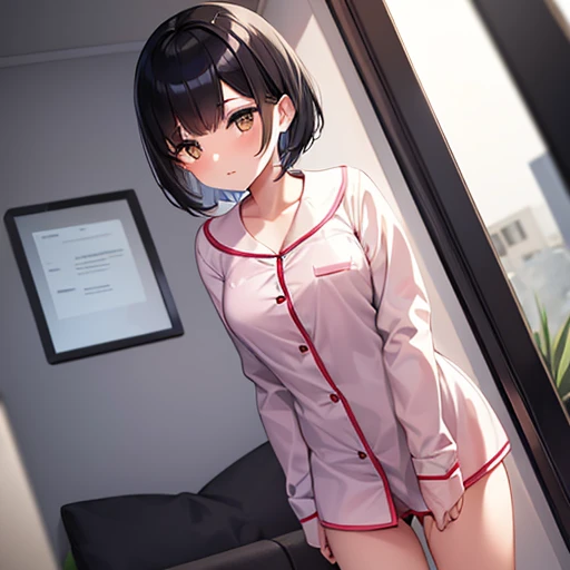 A girl with short black hair, With pajamas , spying on the brother , de longe, 