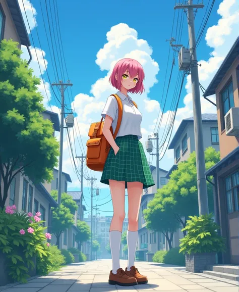 Un mujer standingl blanca estilo anime de 18 años, anime style To Love Ru, standing, in a corner of a beautiful neighborhood in Tokyo with many clouds in the day and blue sky, mide 168 cm, She has short light magenta hair, Her eyes are yellow tourmaline co...