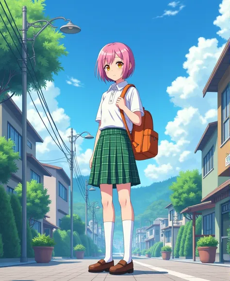 Un mujer standingl blanca estilo anime de 18 años, anime style To Love Ru, standing, in a corner of a beautiful neighborhood in Tokyo with many clouds in the day and blue sky, mide 168 cm, She has short light magenta hair, Her eyes are yellow tourmaline co...