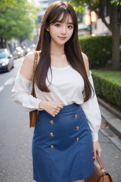 High resolution,bangs,Brown Hair, Long Hair, Brown eyes、Large Breasts, Model body type、165 cm、24 years old、Beautiful Face、Natural Makeup、smile、
Thin your eyebrows、Japanese、Blue Skirt、Fashionable clothes、Handbag Ahoge, 