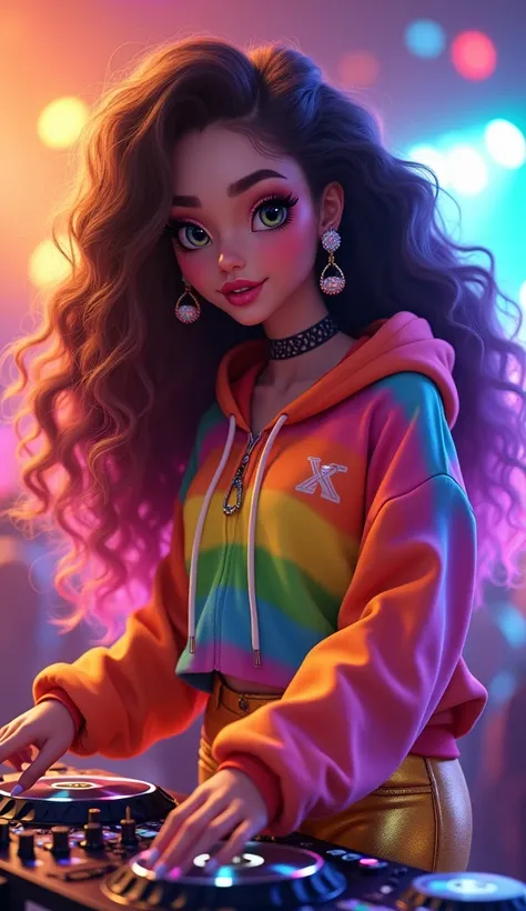 Create a Attractive animated personality DJ Girl with Colorful Falling Long heavy curly hair at Dj Sound system , long rounded shape earrings, rainbow Mascara eyes, pink lips, rainbow design headphones,atmosphere is colorful party night in club, she wears ...