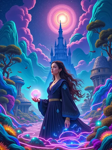 Wizarding World，(1 Girl trapped in a cosmic vortex nebula:1.5)，Rendered with the Cosmic Beach Swirl engine，(Detailed facial features)，(Beautiful facial features)，Ancient and mysterious castle，Purple stone，Gemstone decoration，Glowing plants，Milky Way Stream...