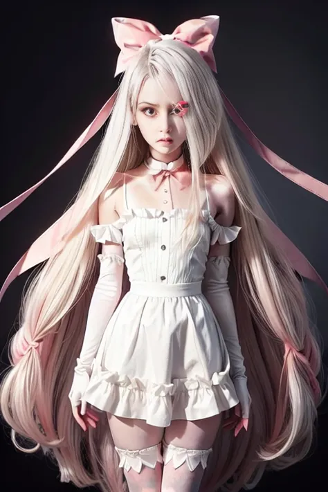 Vaggie, 1 , gray skin, white hair, pink eyes, yellow pupils, Long hair, white dress, pink and white striped socks, Hair bow, long gloves, perfect anatomy, Alone