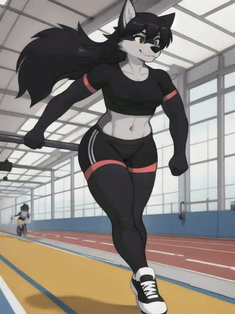 Furry, wolf, female, black shirt, black spandex bike shorts, shoes, indoor running track, solo, full body