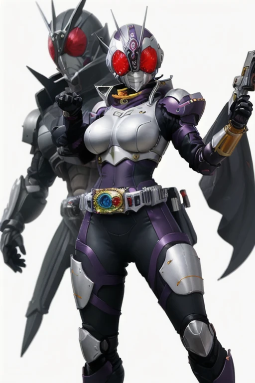 Top quality,  full body, standing, from front,looking at viewer, white background. no human features,An Alien-like female humanoid monster,large breasts,glamourous,non-human features,no human face,fully Alien,chitinous armor,wearing a transformation belt o...