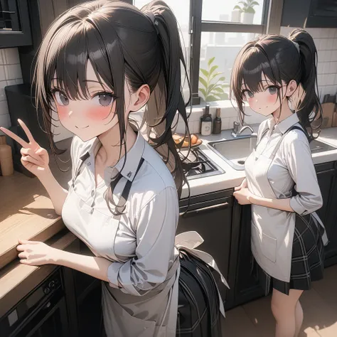 (Best Quality),(masterpiece),(Super detailed),(8k),(32K),(Perfect Anatomy),(Perfect hands),One girl、Black Eyes、Black hair ponytail、smile、blush、Small breasts、(apron)、White dress shirt、black plaid mini skirt、kitchen、turn around、Peace sign、whole body、