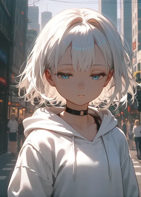 score 9, score 8 up, score 7 up, , young girl, detailed background, city, highrise
White hair, blue eyes, half-closed eyes, emotionless, black choker, dark bracelet, Jean short, white hoodie sweater, medium shot