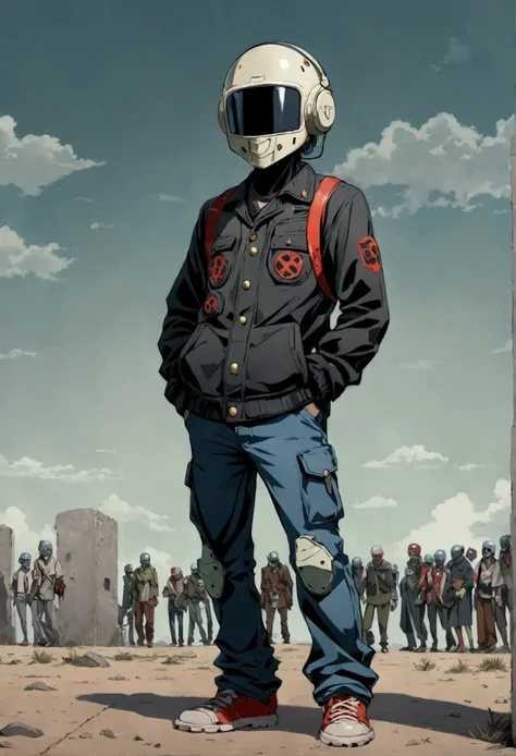 Male, teenager, wearing full-face DJ helmet, head covered by helmet, standing at attention, hands in pockets, fully in frame, full body shot, lone figure, sole person, Zombie Land Saga style