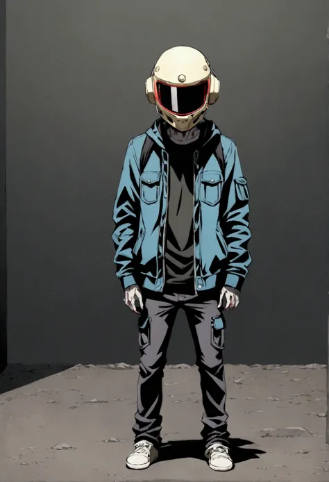 Male, teenager, wearing full-face DJ helmet, head covered by helmet, standing at attention, hands in pockets, fully in frame, full body shot, lone figure, sole person, Zombie Land Saga style