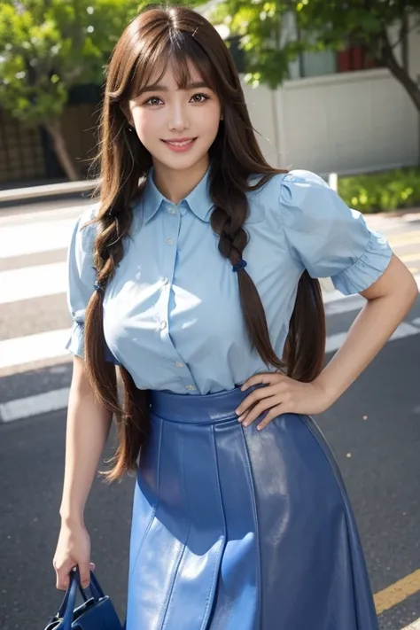 High resolution,bangs,Brown Hair, Long Hair, Brown eyes、Large Breasts, Model body type、165 cm、24 years old、Beautiful Face、Natural Makeup、smile、Braids、
Japanese、Blue Leather Skirt、Blue blouse、Handbags
