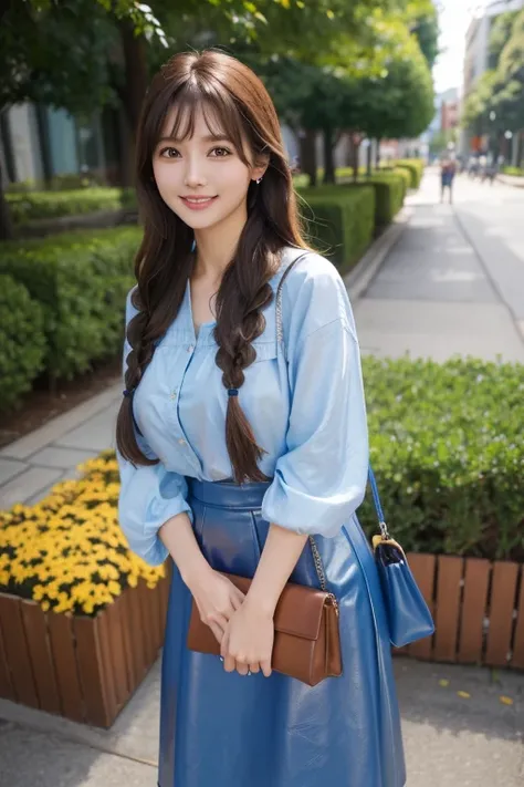 High resolution,bangs,Brown Hair, Long Hair, Brown eyes、Large Breasts, Model body type、165 cm、24 years old、Beautiful Face、Natural Makeup、smile、Braids、
Japanese、Blue Leather Skirt、Blue blouse、Handbags
