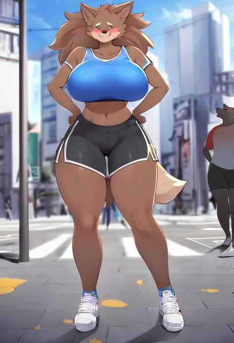 The wolf is furry all over, Super huge big breasts breast enlargement full-body shot, sports shorts, brown skin, blushing smile, standing alone in the city, full-body shot