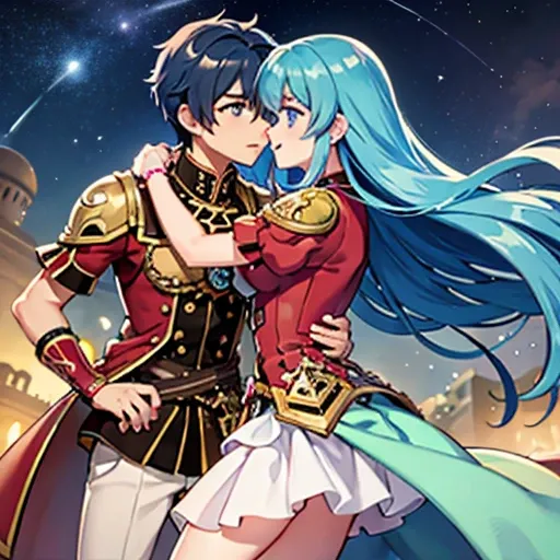 Eirika from Fire emblem the sacred stones blue eyes and light blue hair, red blouse with gold plates on her body, pink panties, a gold bracelet and white skirt affectionately kissing a boy with short black hair on the lips, ojos marrones, lentes, red jacke...