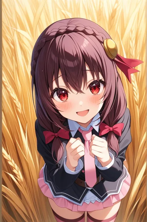 masterpiece,Best Quality, High resolution,One person, Yunyun、名前はYunyun, Crown braids in the same color as your hair, Red eyes、Hair Accessories, Hair Ribbon, Pink tie, Black long sleeve, Pink Skirt, Knee socks, belt, (Chest cut-out),(Clevis)、The chest is la...