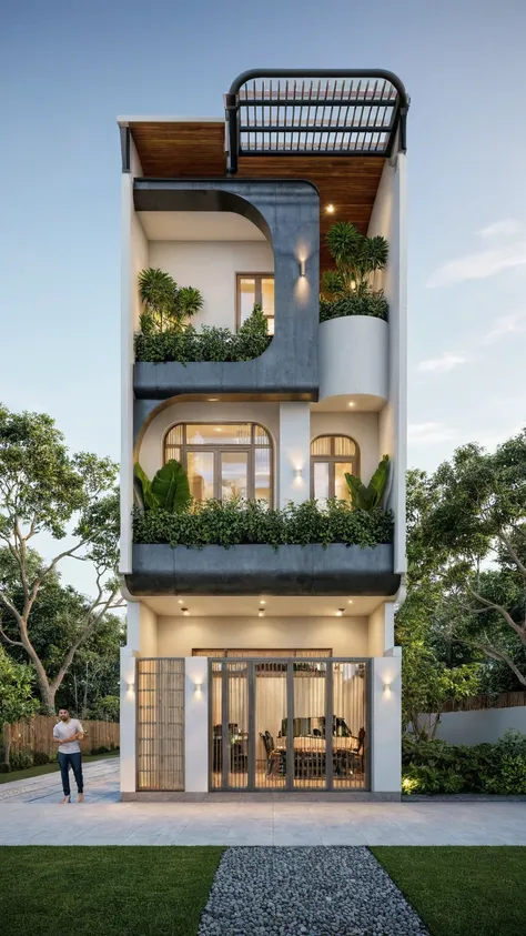 the house has 2 floors and 1 attic with a terrace. tall and narrow with modern design, steel gates and wooden details. the outsi...