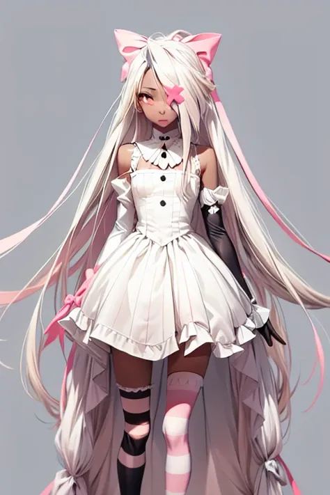 vaggie, 1 , gray skin, white hair, pink eyes, yellow pupils, long hair, white dress, pink and white striped socks, hair bow, lon...