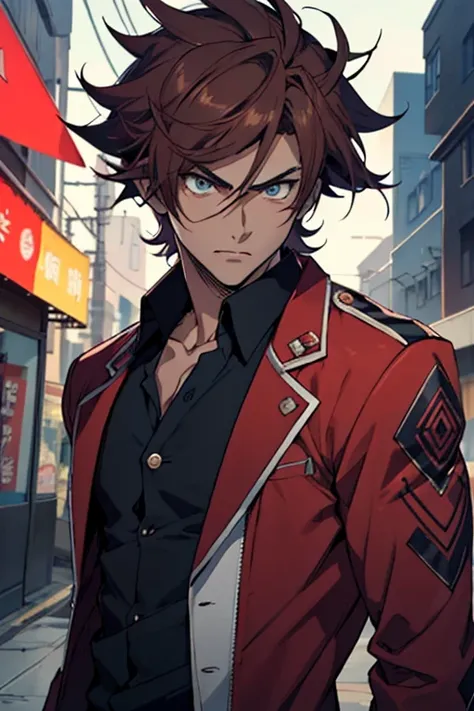 Teenage man, ((Kai toshiki_cardfight_vanguard)), brown hair, blue eyes, marked eyes, tribal tattoos, red eyeliner, black coat, button down shirt, red shirt, serious look, background battle arena, anime style, ((The best quality)), ((masterpiece)). 