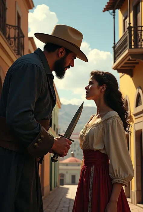 Create the image of a tall, short-haired gentleman, with a black beard and a beige hat pointing a dagger at a pretty young woman with wavy hair wearing typical Guanajuato clothing. The event takes place on the balcony of a typical house in Guanajuato, wher...