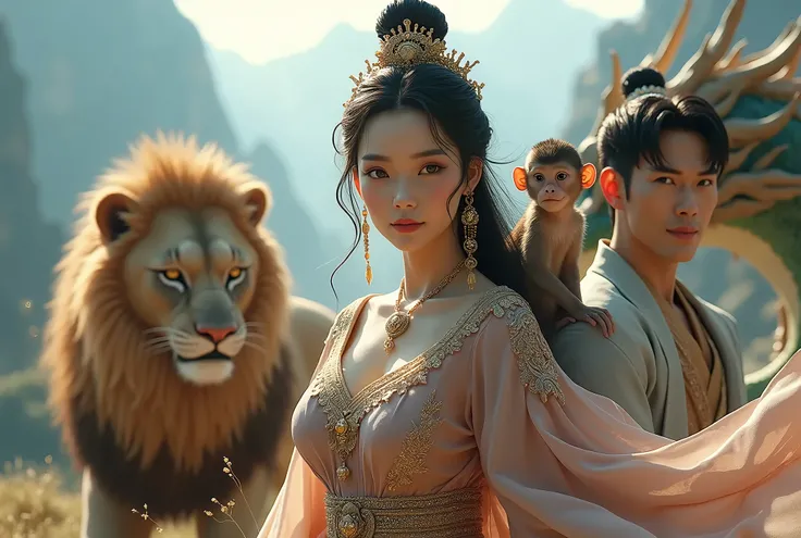 นางพญาผมดำมีสิงโตอยู่ข้างๆ ,A handsome man Chinese man with a cute face and a monkey on his shoulder,There is a dragon,Long-range view,spell,ornamentation,Glittering light, Glow, Realistic textures, Maximum resolution, Best quality, การจัดแสงภาพยนตร์, 