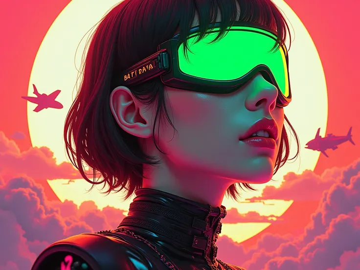 “IMG_2384.CR2: ((Best quality)), ((masterpiece)), ((ultra-detailed)), a stunning portrait of a cyberpunk mecha Japanese girl with a perfect face, wearing a glowing neon lime green techno blindfold. Her sleek body and flowing hair radiate neon pink, blendin...