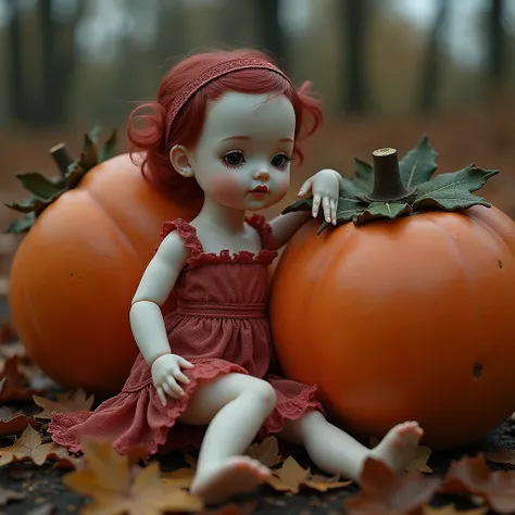 (((at SFW))), (Acutance:0.88), beautiful detailed porcelain love doll, Leaning on a huge persimmon fruit, exquisite detailed face, soft innocent expression, delicate lace knitted red NightWear, (((Buried in Autumn Fallen Leaves))), abandoned junkyard at Ma...