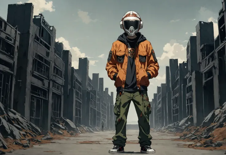 Male, teenager, wearing full-face DJ helmet with tinted visor and hip-hop outfit, head covered by helmet, standing at attention, hands in pockets, fully in frame, full body shot, lone figure, sole person, Zombie Land Saga style