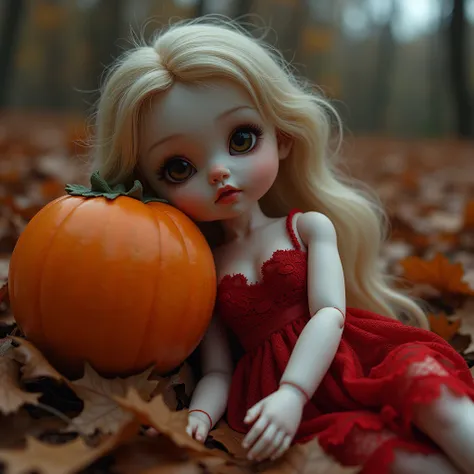 (((at SFW))), (Acutance:0.88), beautiful detailed porcelain love doll, Leaning on a huge persimmon fruit, exquisite detailed face, soft innocent expression, delicate lace knitted red NightWear, (((Buried in Autumn Fallen Leaves))), abandoned junkyard at Ma...