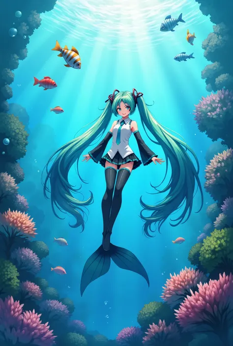 (masterpiece、Best Quality、Best Quality、Official Art、Beautiful and beautiful:1.2)、(One person:1.3)Hatsune Miku、Twin tails,Beautiful breasts,Diving into the sea、Wetsuits、School of fish、The World of the Little Mermate