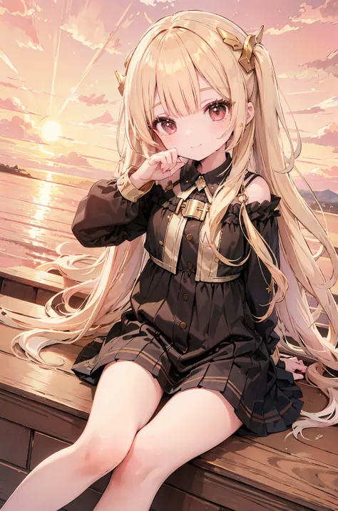 absurd, absolute resolution, incredibly absurd, super high quality, super detailed, official art, unity 8k wall, masterpiece
BREAK
One , innocent, little devil, small and young toddler, blush,  cute smile ,((sitting under a golden sky:1.3))、cute face