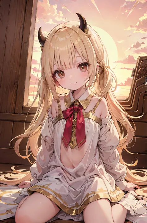 absurd, absolute resolution, incredibly absurd, super high quality, super detailed, official art, unity 8k wall, masterpiece
BREAK
One , innocent, little devil, small and young toddler, blush,  cute smile ,((sitting under a golden sky:1.3))、cute face