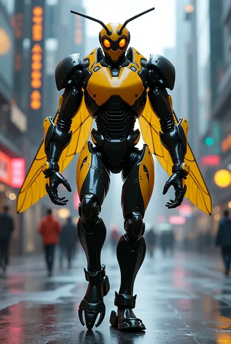 Here’s a detailed prompt for a yellow jacket wasp-inspired humanoid robot:

"Create a humanoid robot modeled after a yellow jacket wasp, emphasizing a sleek and aggressive design. The robot should feature a streamlined body with a glossy black and bright y...