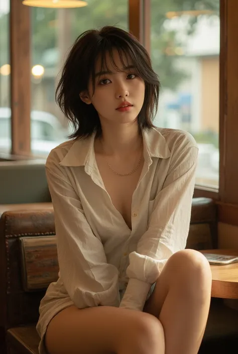 closeup portrait of a stunning korean girl,  a very short erotic, short hair, cleavage, in a cafe, wearing casual shirts and sho...