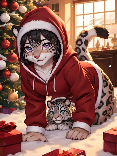 Christmas for two , Snow Leopard female and male , A hoodie with a Christmas design , Playing with Ornament Ball
, ( soft focus , Shallow focus , soft light) , Mature , Euphoria , glossy lips , moist eyes , coquettish , bold action , flasher , Insane , fab...