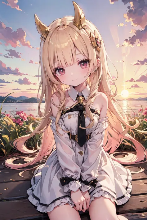 absurd, absolute resolution, incredibly absurd, super high quality, super detailed, official art, unity 8k wall, masterpiece
BREAK
One , innocent, little devil, small and young toddler, blush,  cute smile ,((sitting under a golden sky))、cute face