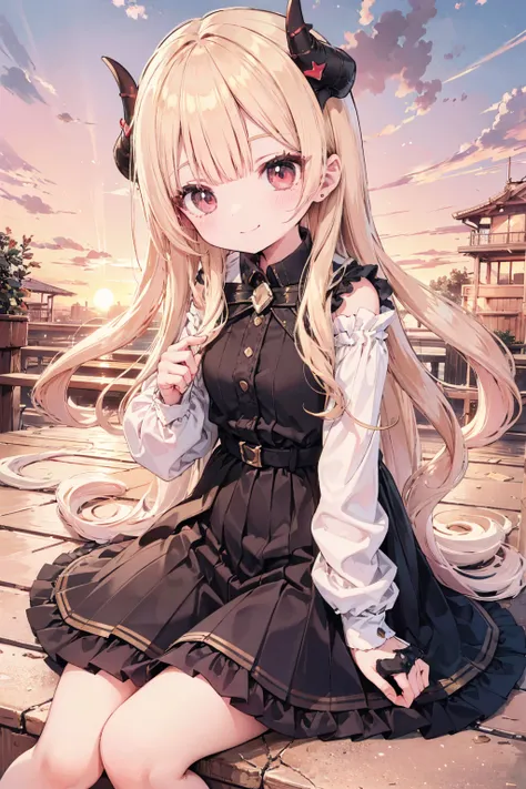 absurd, absolute resolution, incredibly absurd, super high quality, super detailed, official art, unity 8k wall, masterpiece
BREAK
One , innocent, little devil, small and young toddler, blush,  cute smile ,((sitting under a golden sky))、cute face