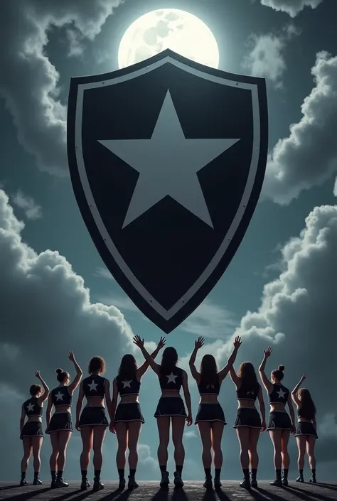 black shield with a centered white star hanging in a full moon sky with many clouds, below are several muscular female cheerleaders wearing black shirts with a white star in the center, short black skirt with white hem, Black boots, salute the shield by ra...