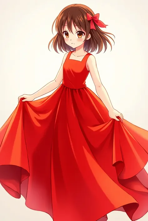 A girl who was wearing a frock which was red in colour a girl was a anime with full body