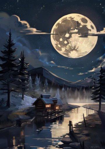 Log cabin, forest, slight fog, night, full moon,