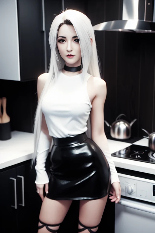 arafed woman in a black skirt and white top standing in a kitchen, tifa lockhart, tifa, glamorous tifa lockheart, tifa lockheart, seductive tifa lockhart portrait, tifa lockhart portrait, portrait of tifa lockhart, tifa lockhart with white hair, glamorous ...